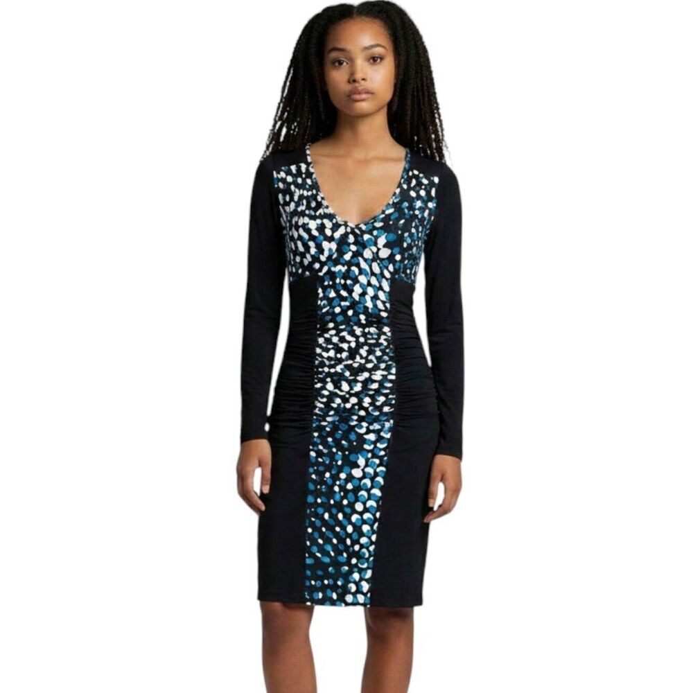 Plenty by Tracy Reese Black Blue Dot Ruched Bodycon Dress Petite XS